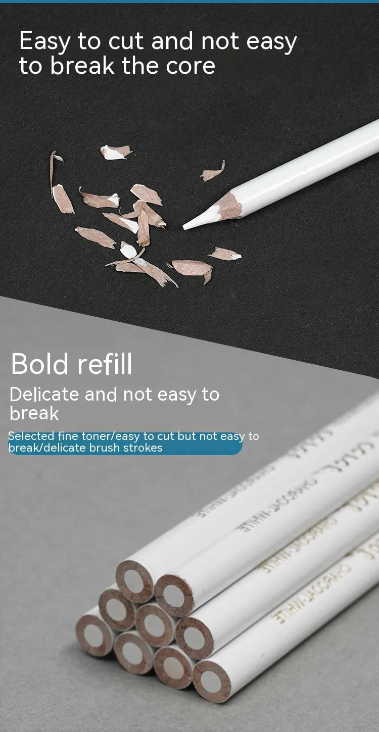 Three white charcoal pencils with wooden casings for drawing and highlighting
