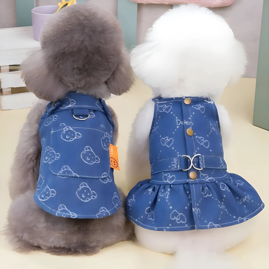 Denim princess dress for small dogs with bracket skirt design in spring/autumn transitional clothing