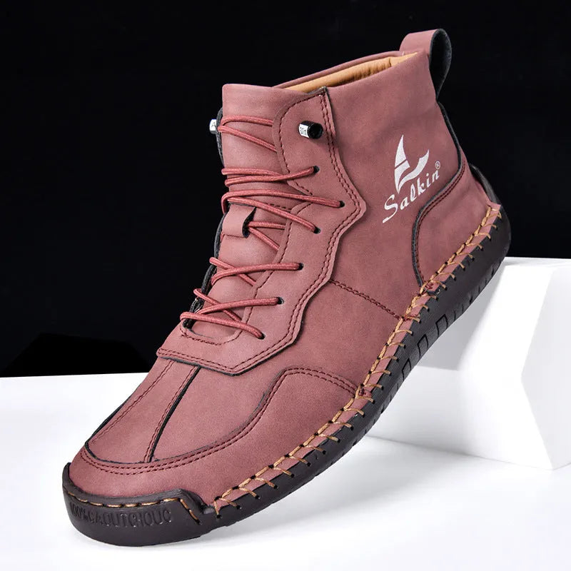 Retro high-top casual boots in beige with elastic side closure and round toe