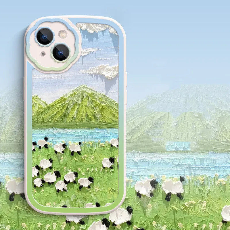 Oil painting moon flower silicone iPhone protective case on a phone