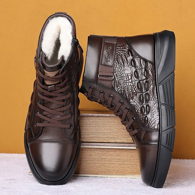 Women's brown genuine leather lace-up snow boots with fur trim and a rubber sole on a white background.