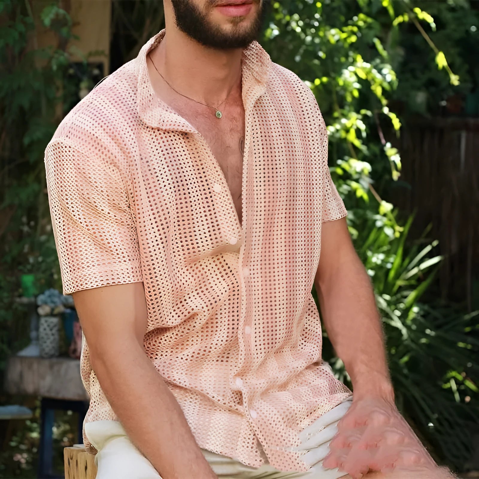 Pink loose fitting men's summer cardigan shirt with waffle cool fabric short sleeves