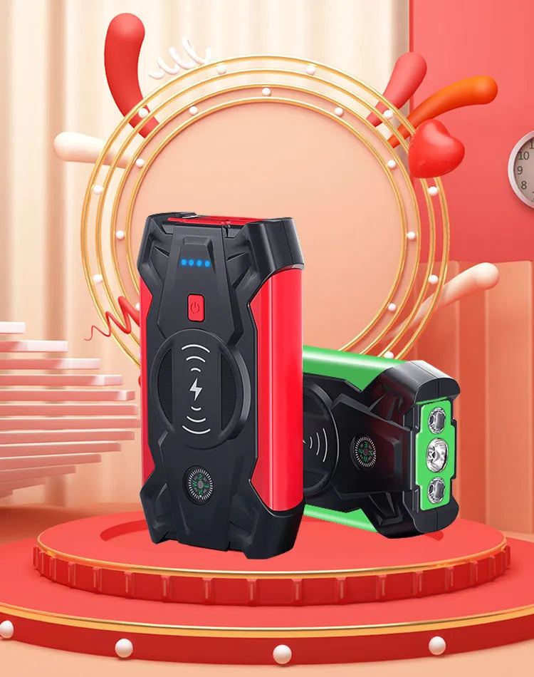 Red car emergency start power device with digital display showing 39800W output for vehicle jump starting