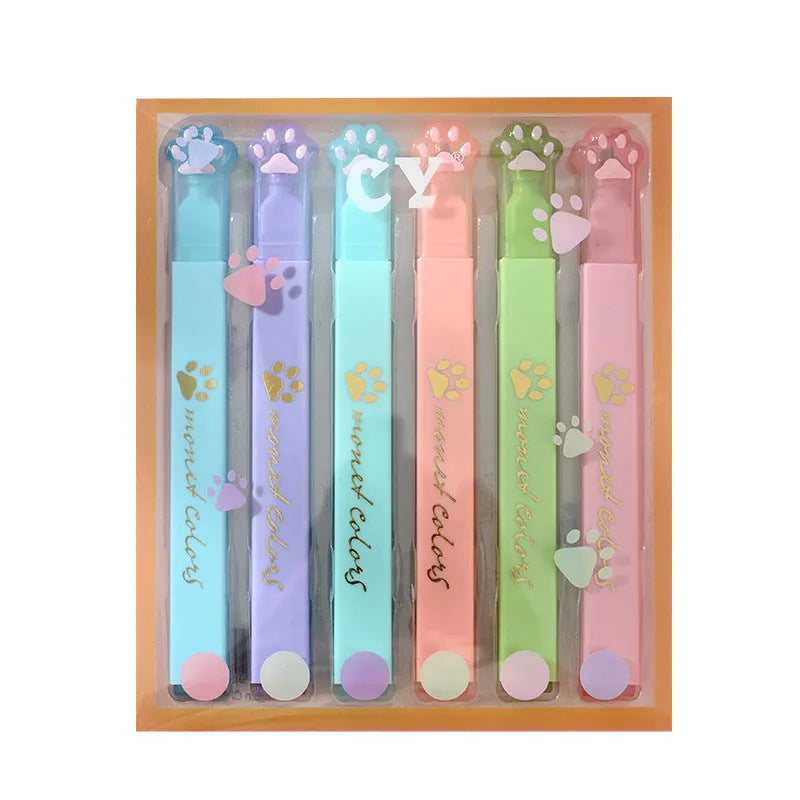 Cat's Paw fluorescent marking pen set showing six coloured pens with oblique heads in plastic packaging