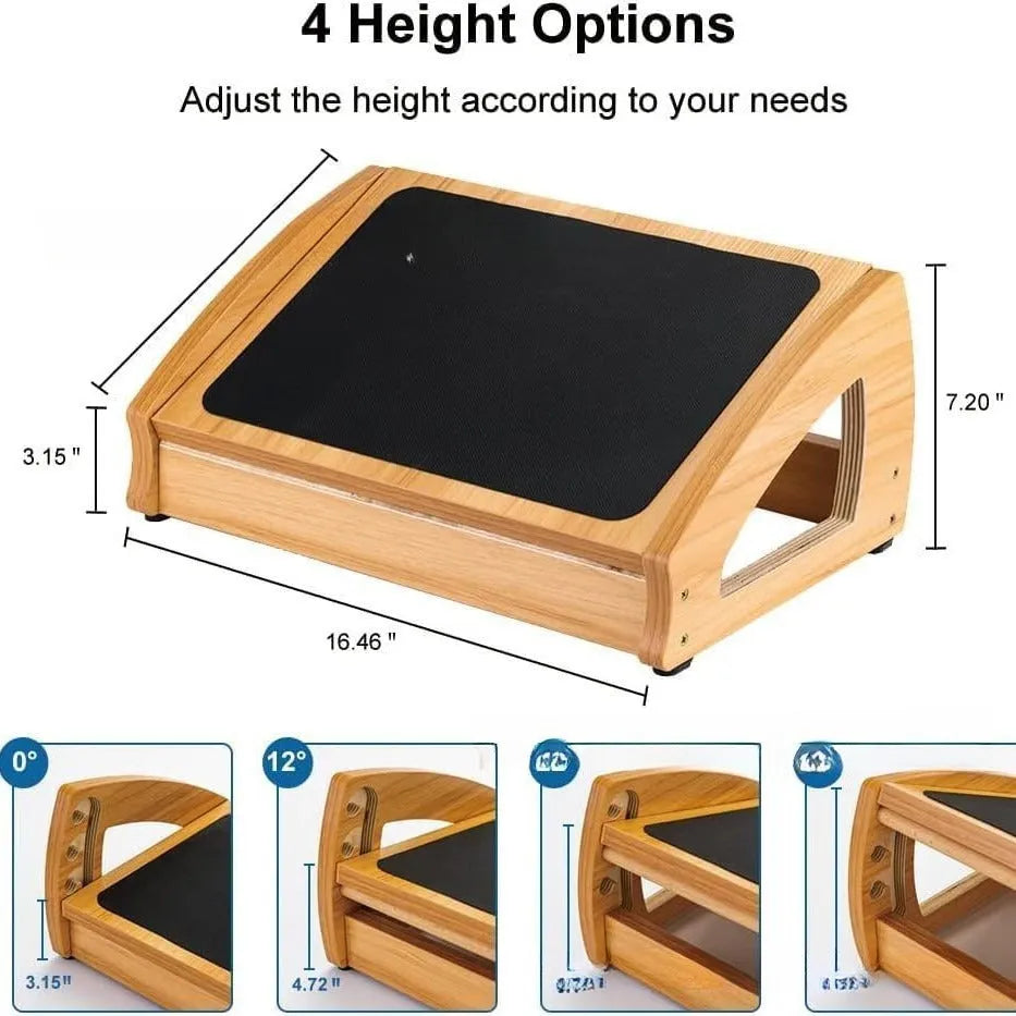 Wooden adjustable bamboo office desk footstool in natural wood colour, shown as an under-desk ergonomic foot rest.