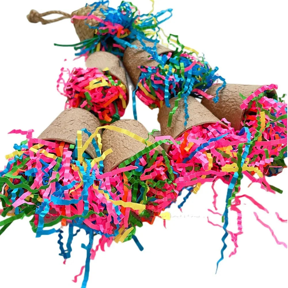 Parrot gnawing toy with paper cup and palm weaving design hanging at 38cm height