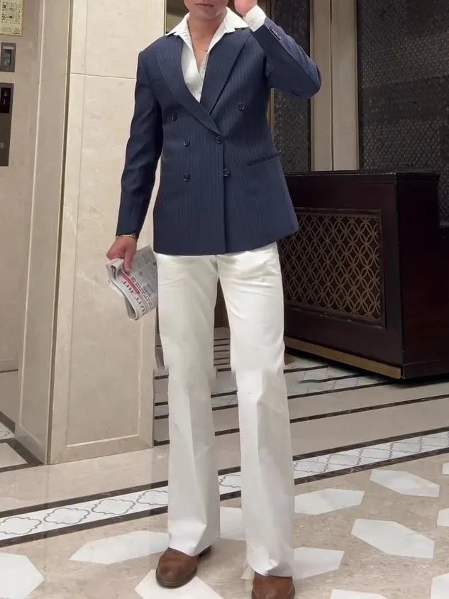 Men's striped double breasted blazer in regular length and fit