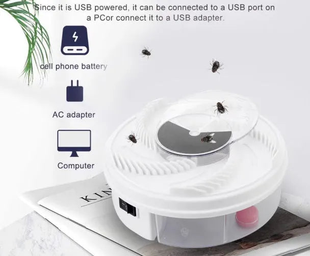White PP USB electric fly trap on a surface with compact 205x205x80mm dimensions and 380g weight