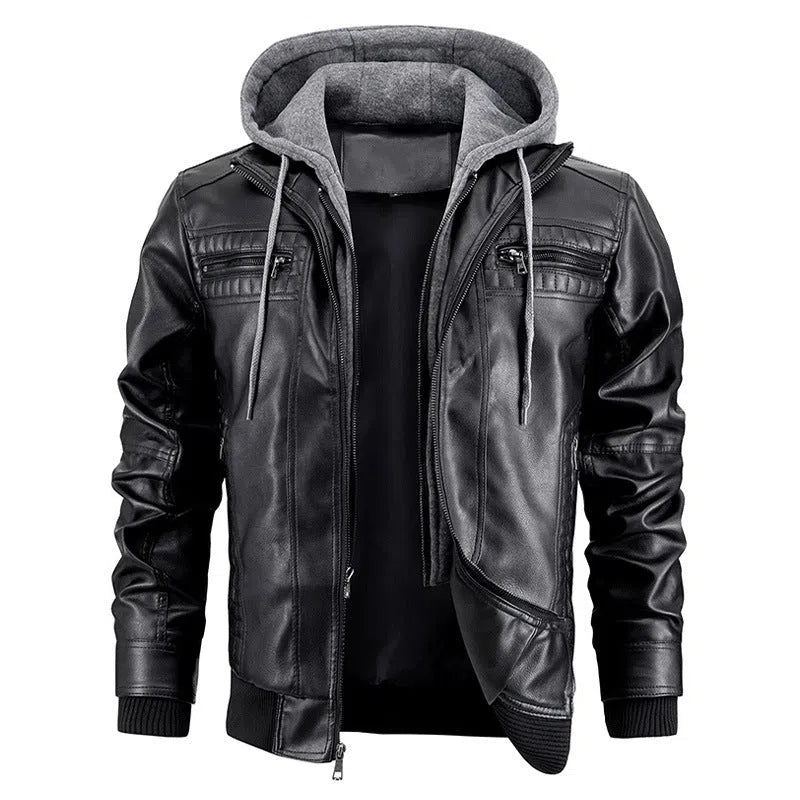 Men's hooded PU leather jacket with zipper pockets, black colour, shown front view