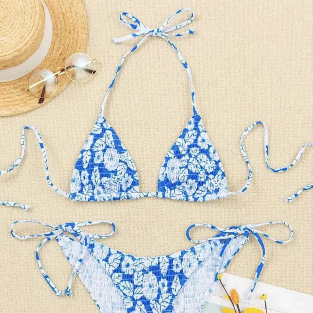 Women's halter bikini set with floral pattern briefs in multiple colour options