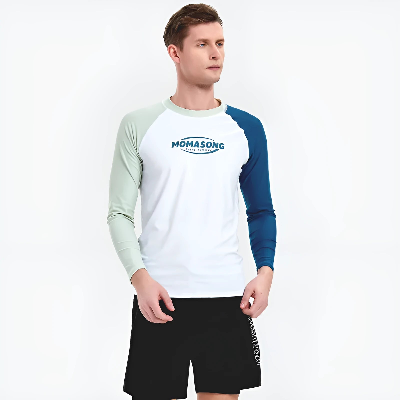 Men's white long-sleeved swimsuit top with matching trousers for outdoor water sports