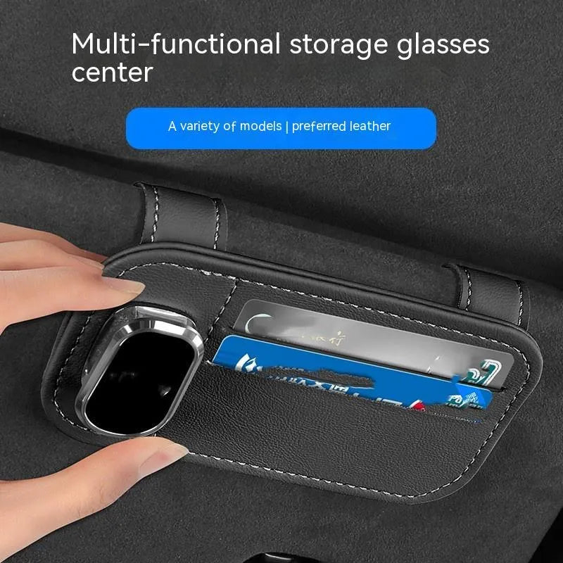 Cowhide leather car sun visor card holder with attached glasses clip in beige colour