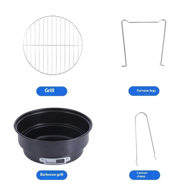 Small folding round ice stove with barbecue grill and components for outdoor cooking