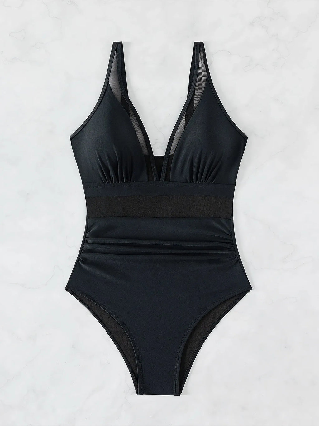 Black women's one-piece swimsuit with mesh halter neckline and briefs style bottom.