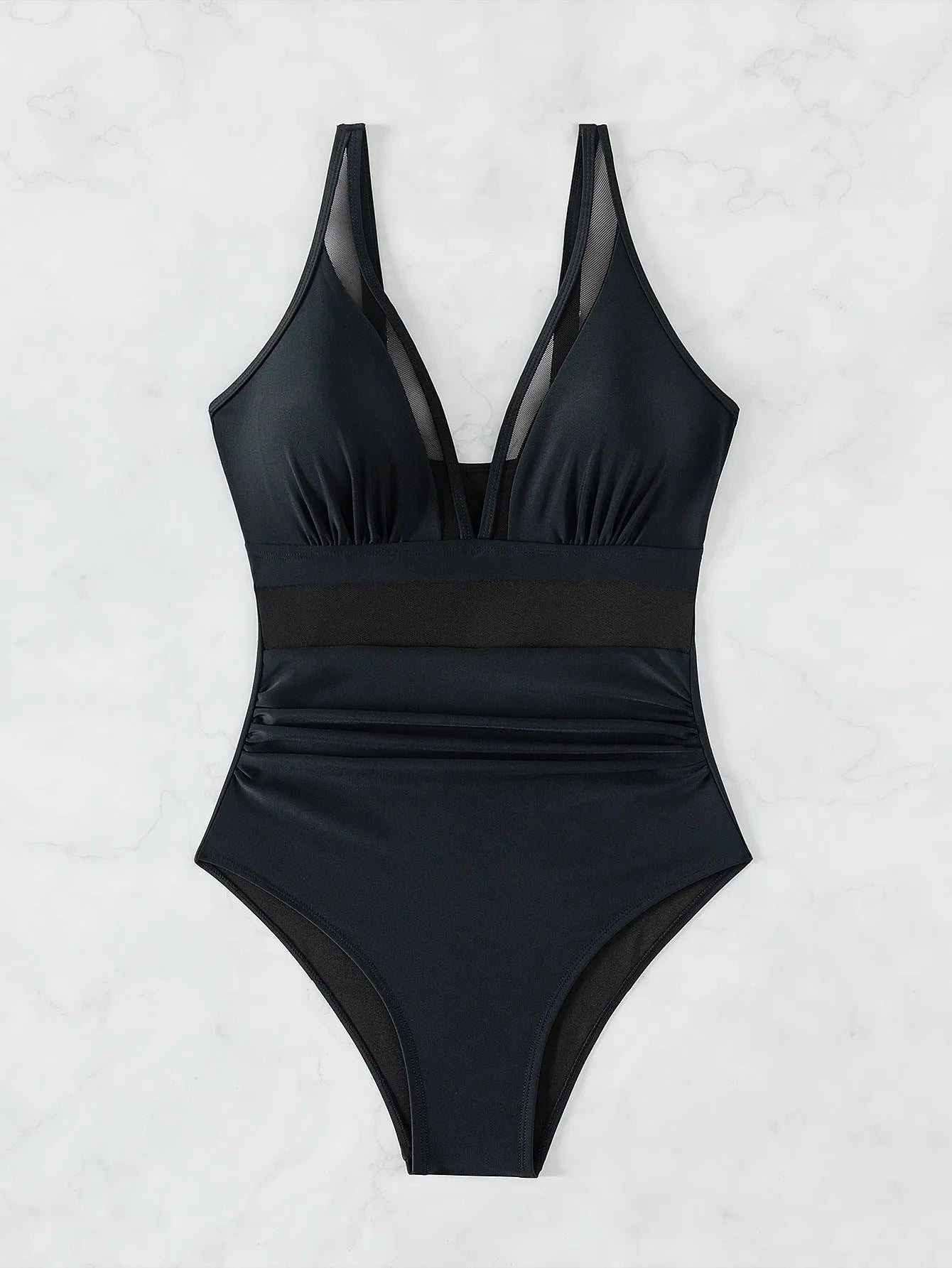 Black women's one-piece swimsuit with mesh halter neckline and briefs style bottom.