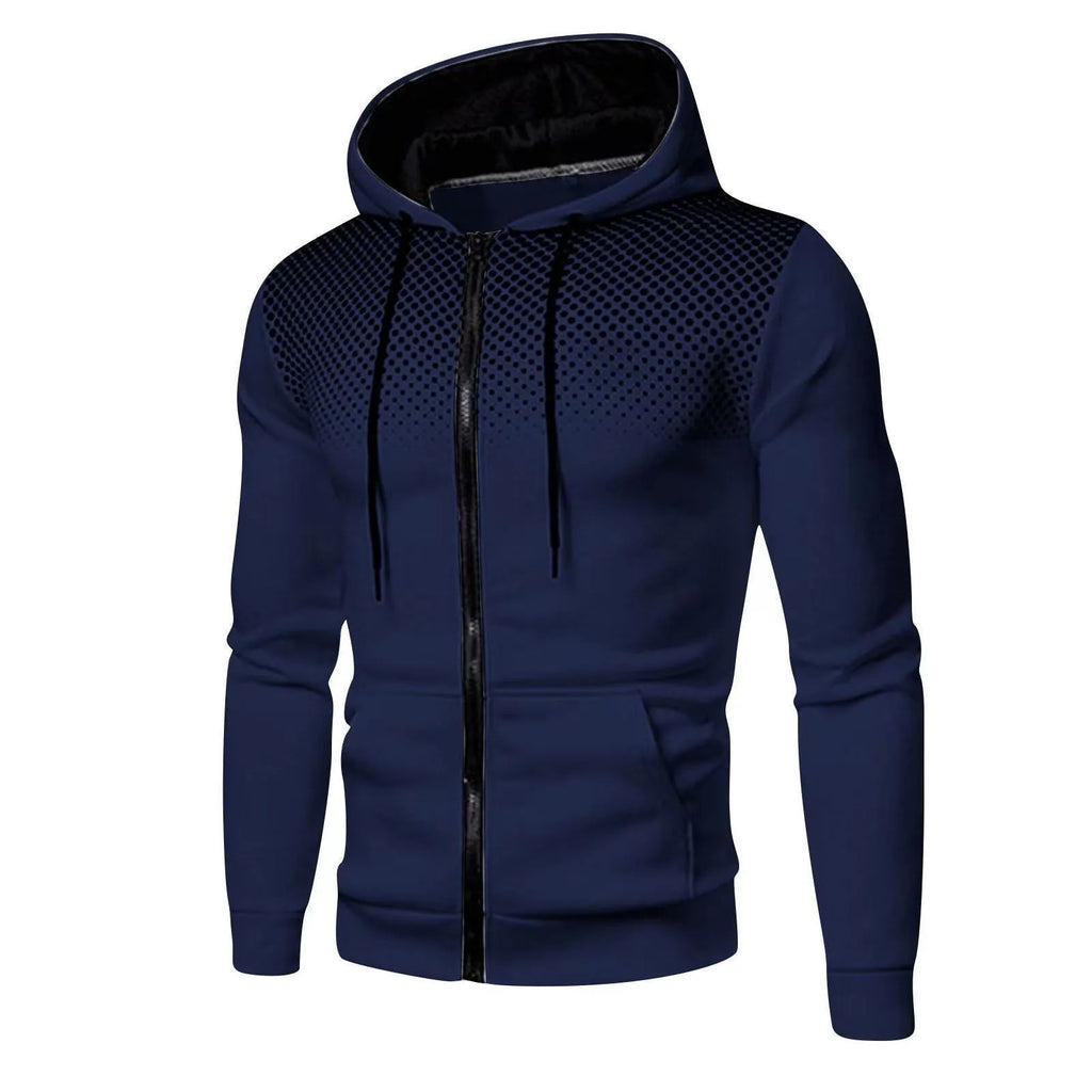 Men's polyester zip-up sports sweater in multiple colours including black, blue, and white