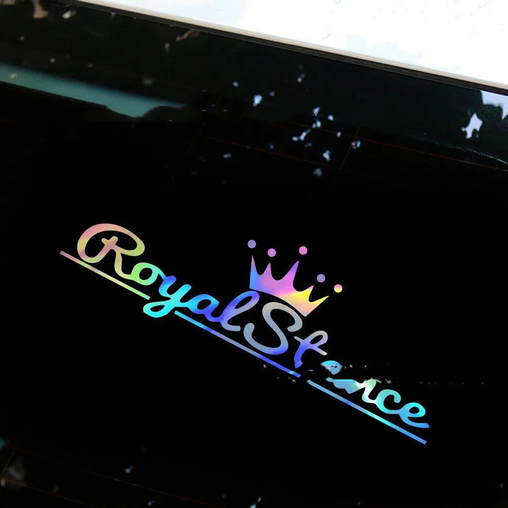 Reflective crown car sticker on vehicle surface showing black, white and colourful options