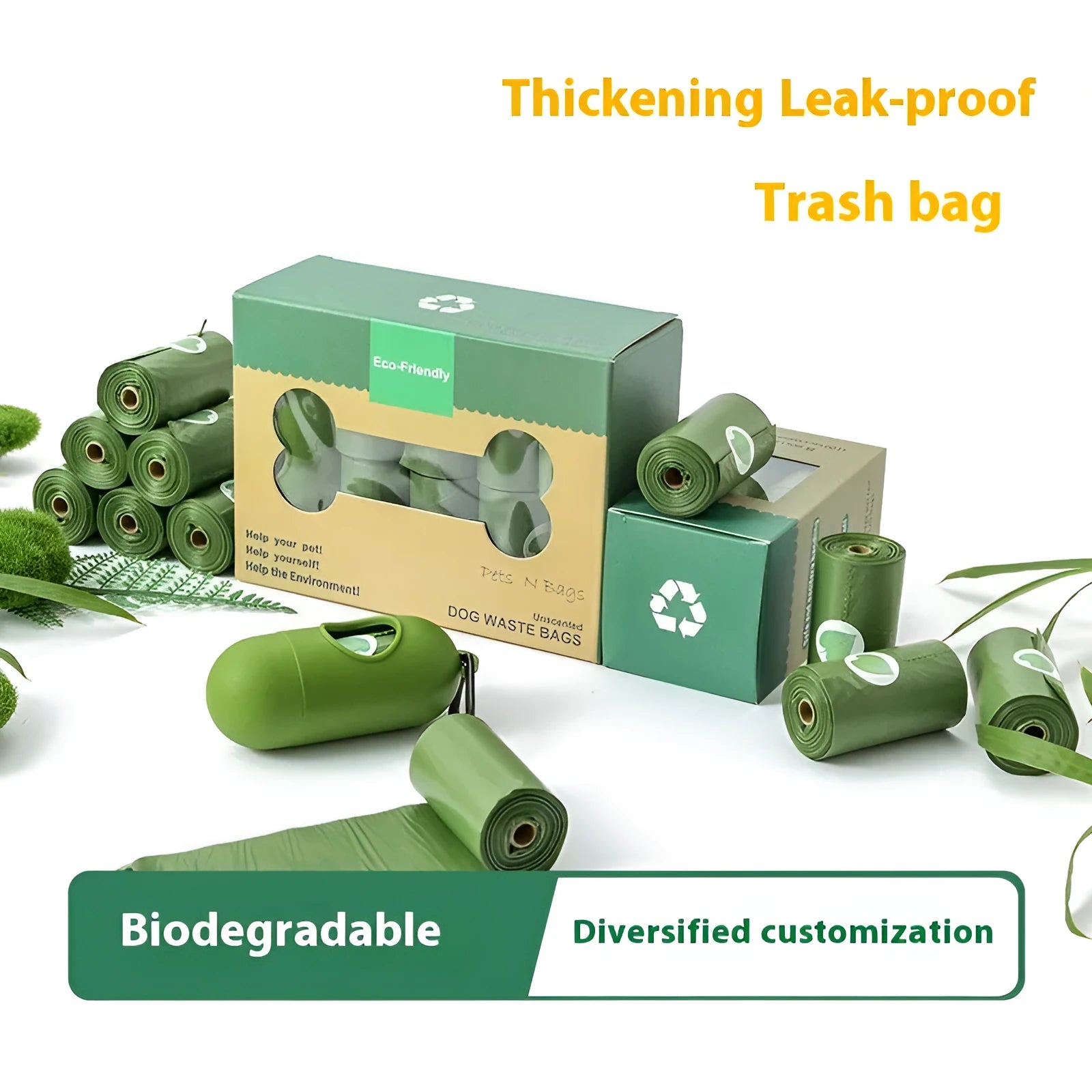 Rolls of green and black EPI degradable thickening pet waste bags with a dispenser.