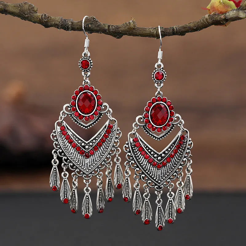 Retro court crystal drop earrings with long purple fringe in ethnic style