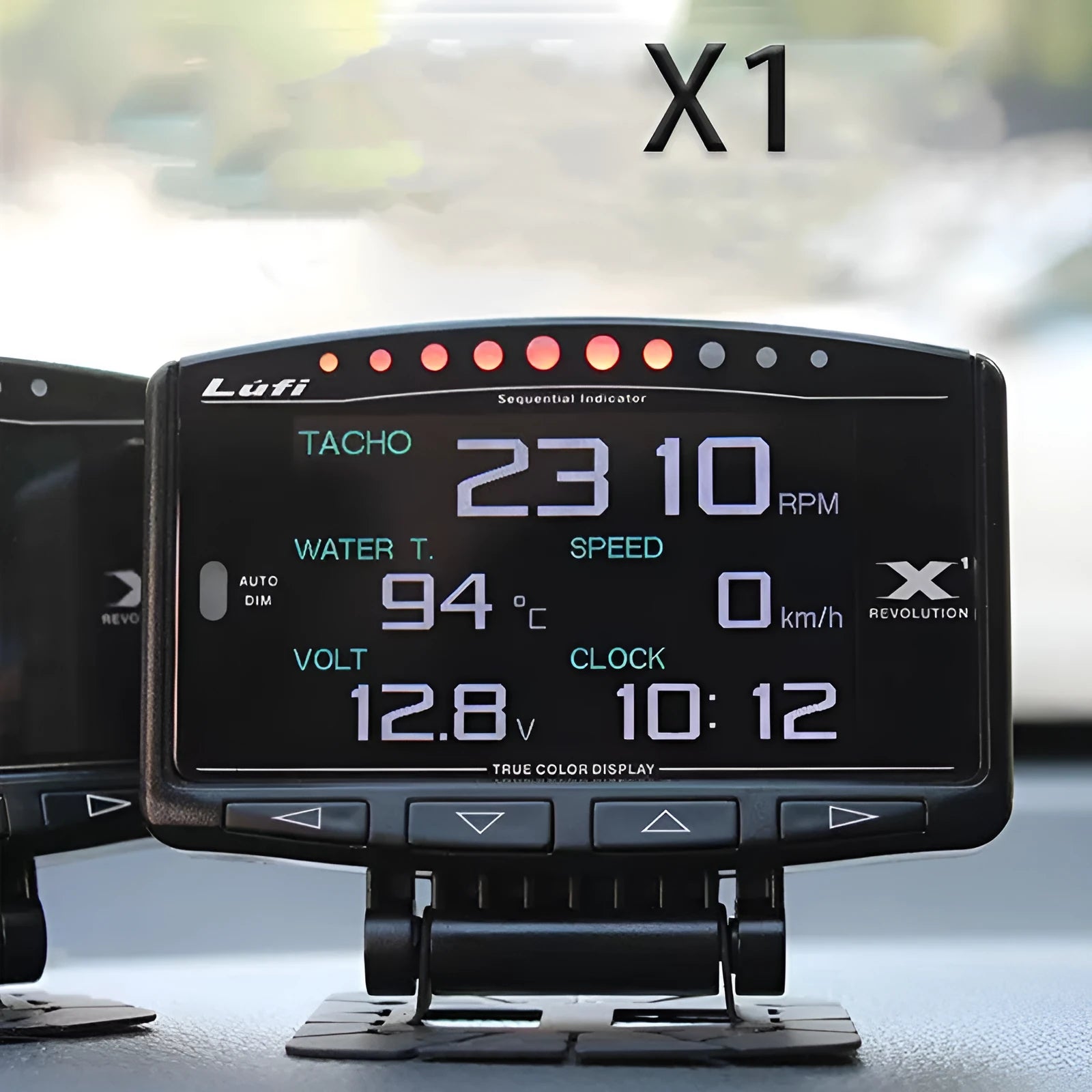 X1 automotive OBD instrument with LED display and metal casing measuring 10mm