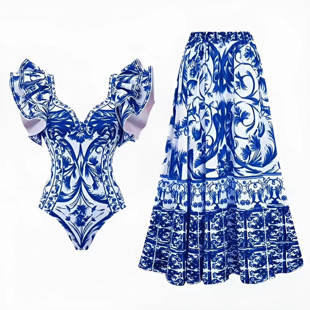 Women's printed one-piece polyester swimsuit in blue colour with adult sizing label