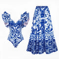 Women's printed one-piece polyester swimsuit in blue colour with adult sizing label