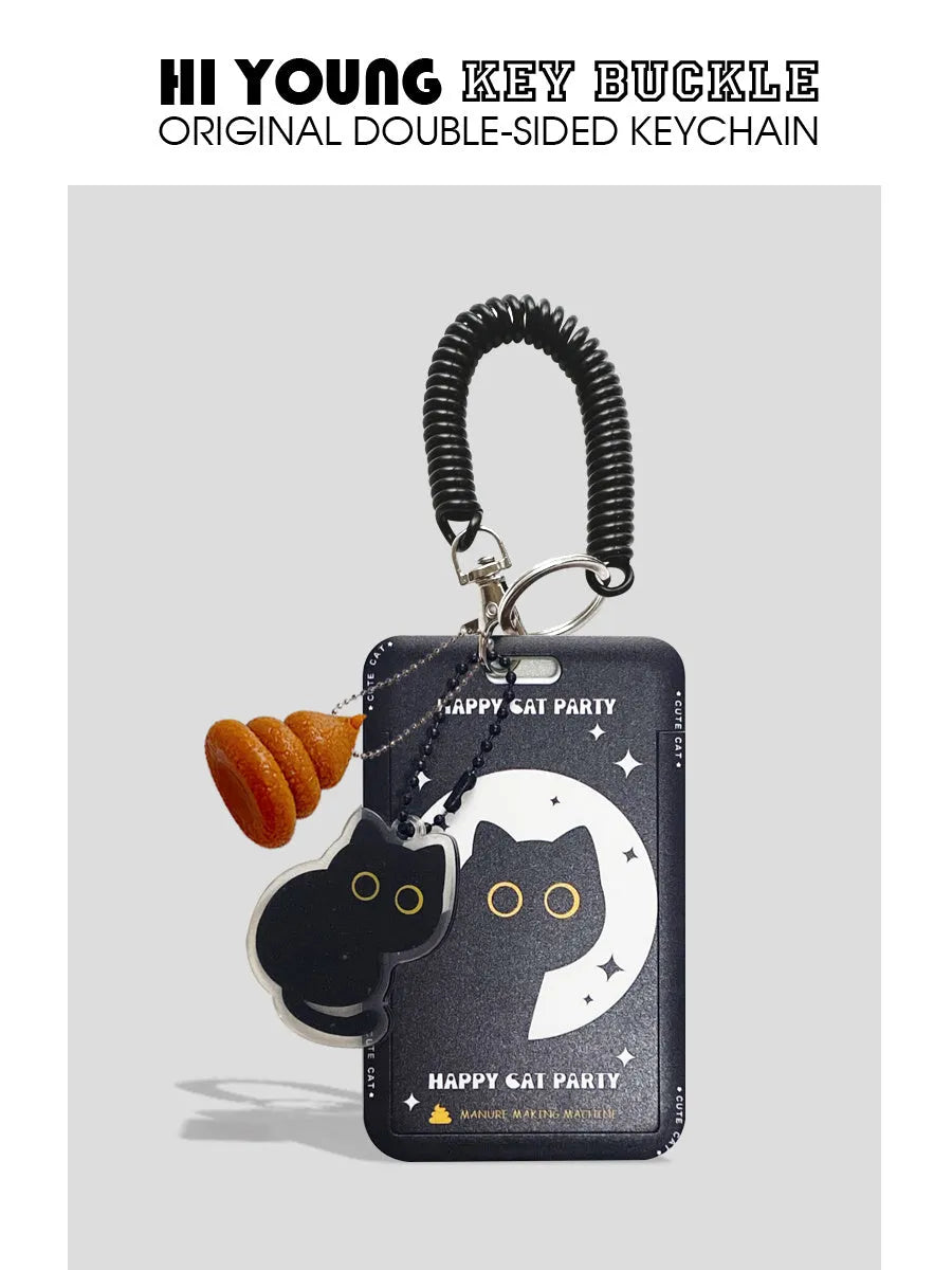 Cartoon black cat plastic card sleeve holder with ferrule pendant for bus and student cards