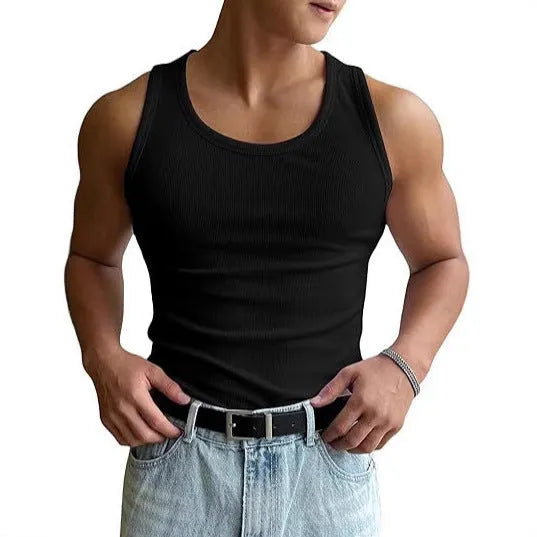 Men's slim fit round neck sports T-shirt in polyester fabric on a hanger