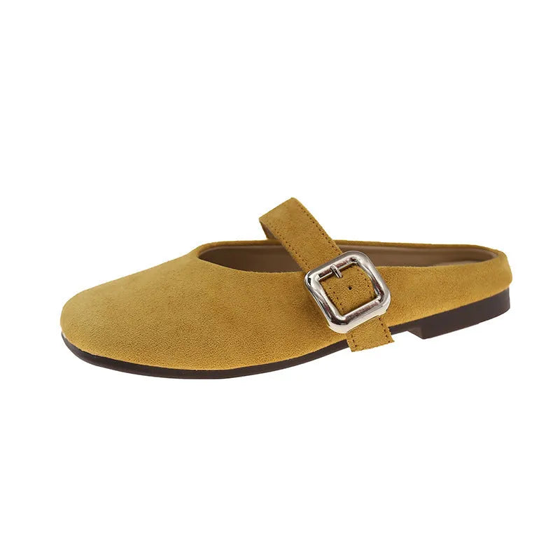 Women's flat apricot PU half slippers with closed square toe and rubber sole.