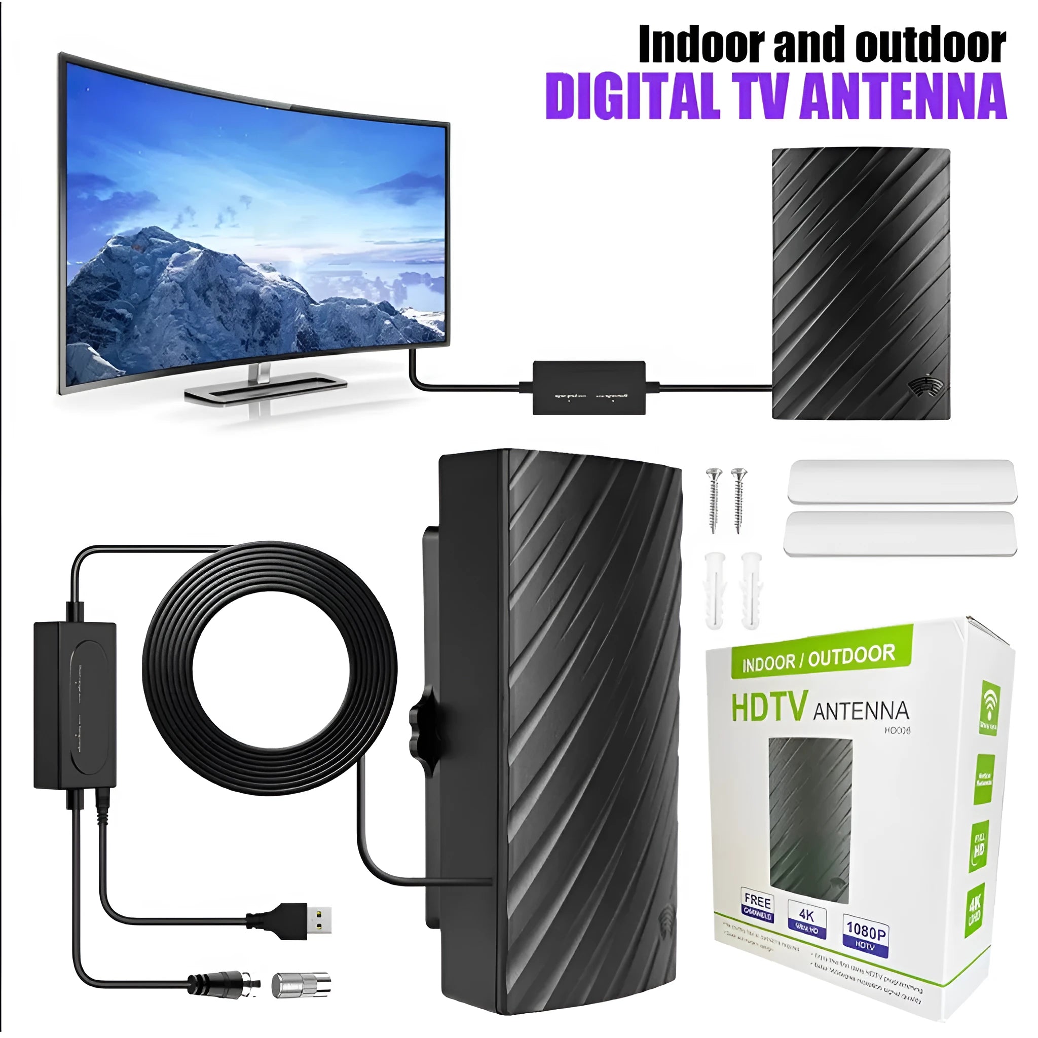 Black plastic indoor digital television antenna with HD Mode and mounting accessories