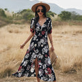 Yellow floral print women's dress with v-neck, short sleeves, elastic high waist, and a large hemline midi skirt.