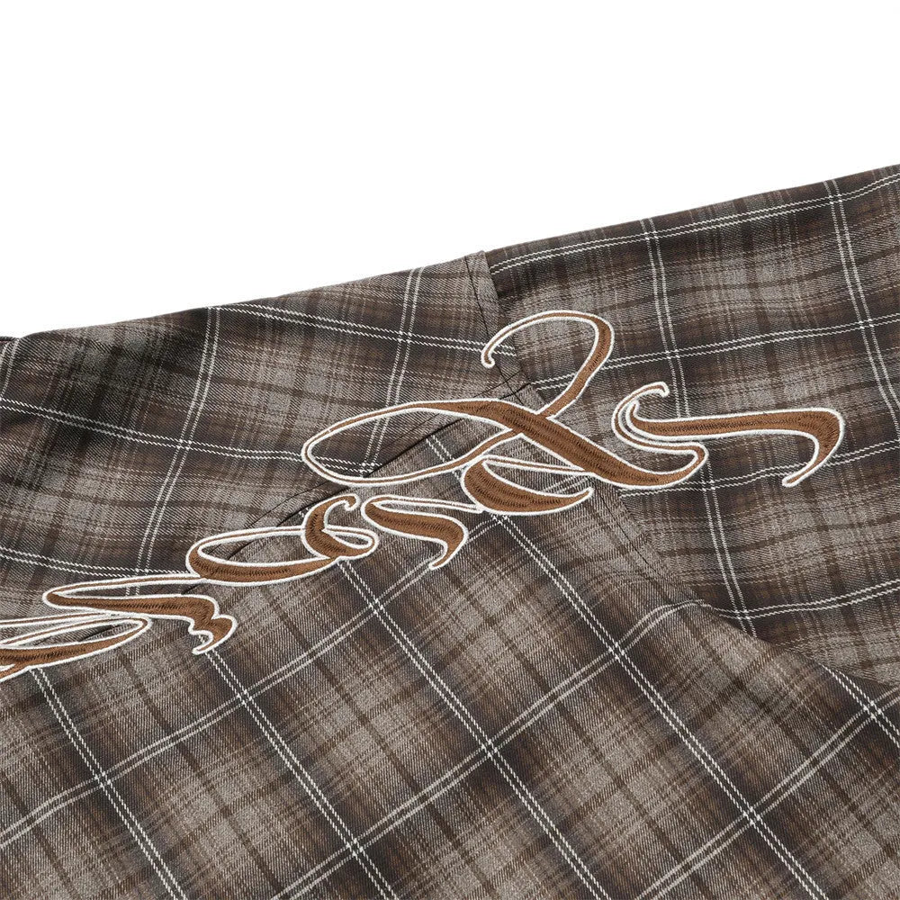 Men's black and brown plaid short sleeve shirt with embroidered letter on lapel