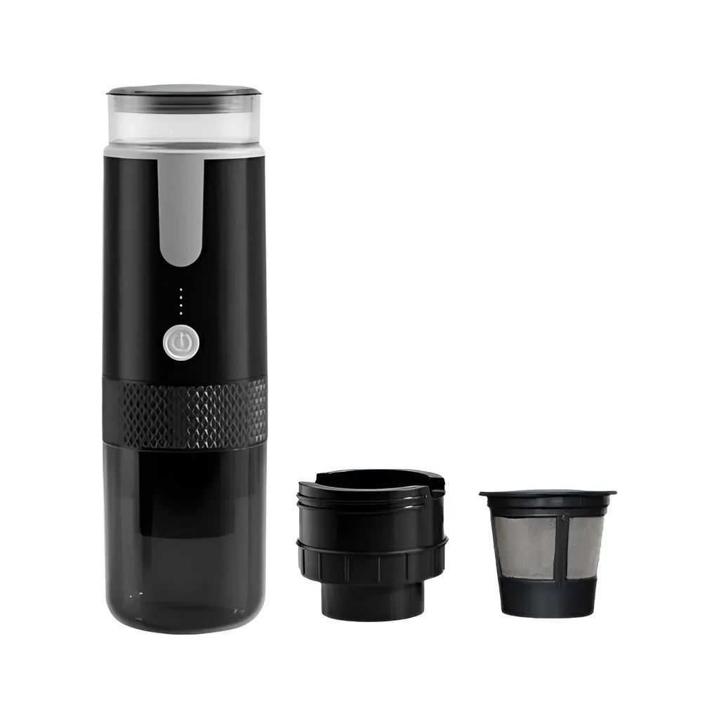 Black portable K Cup coffee machine for camping and car use with USB charging