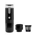 Black portable K Cup coffee machine for camping and car use with USB charging