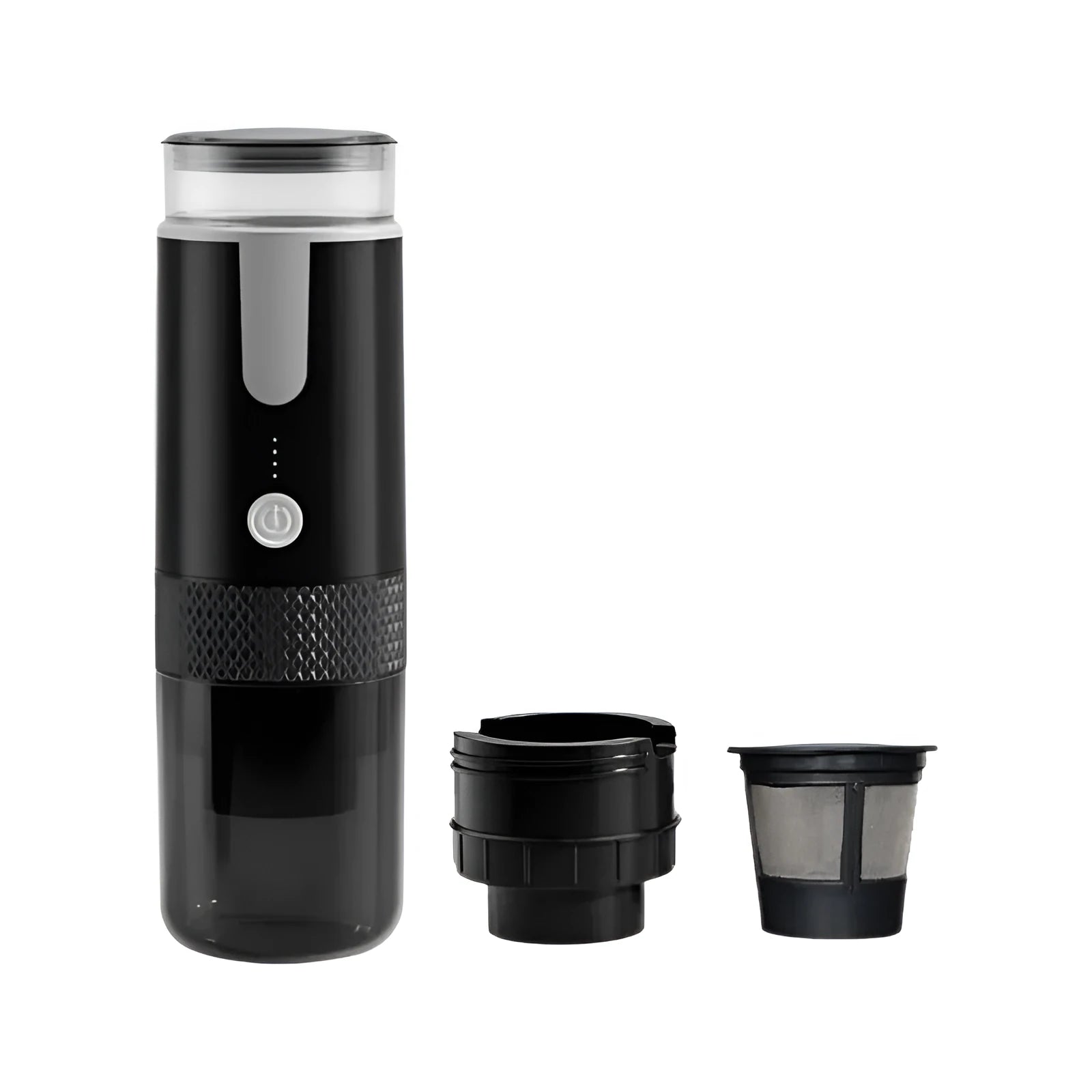 Black portable K Cup coffee machine for camping and car use with USB charging