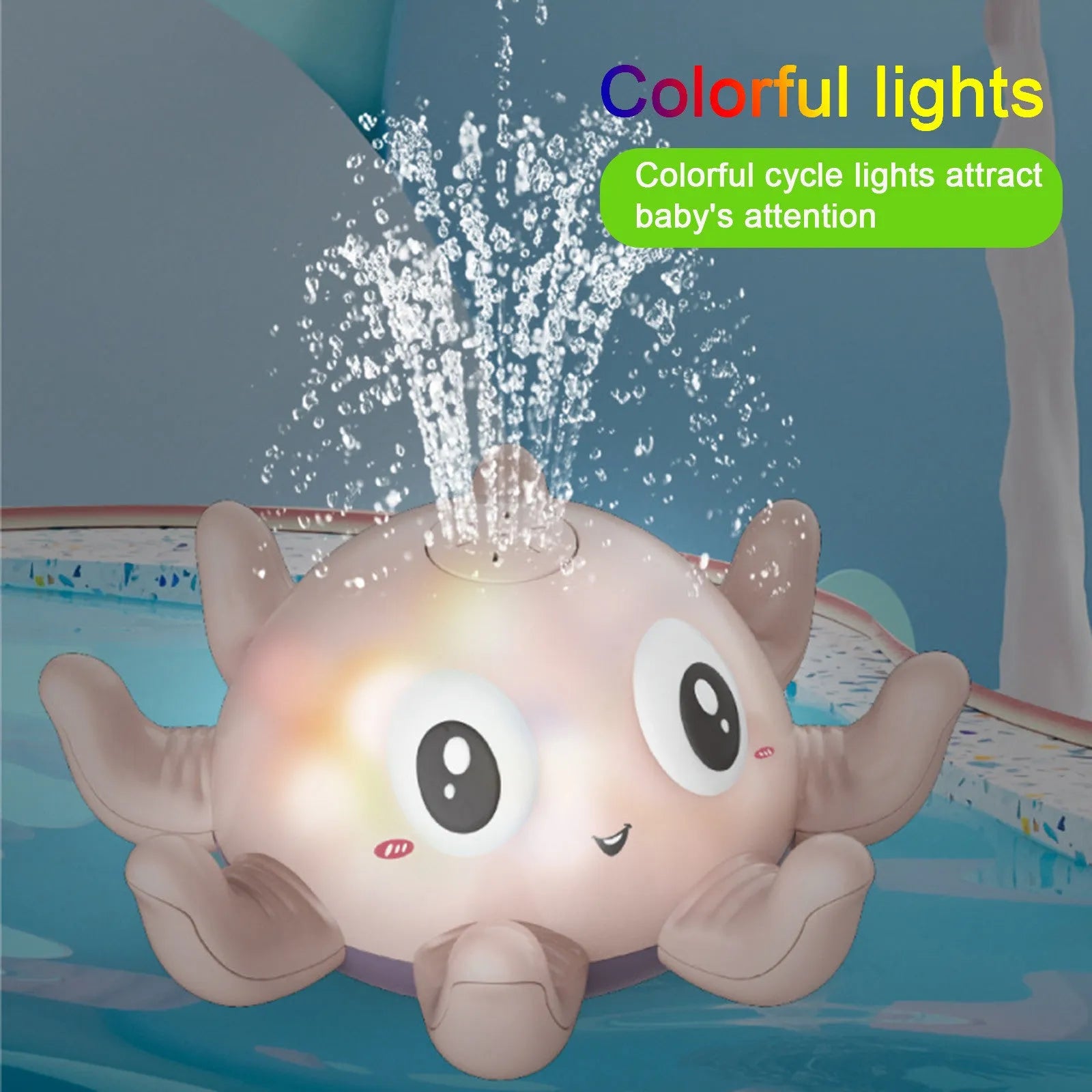 Children's automatic water spray bath toy with flashing lights in blue octopus design on white background