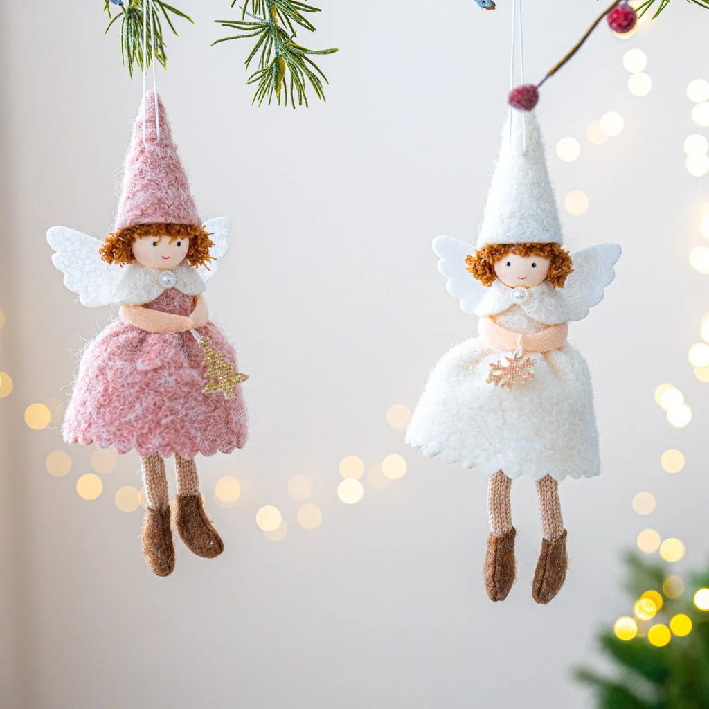 White or pink cloth angel skirt felt pendant for Christmas tree decoration.
