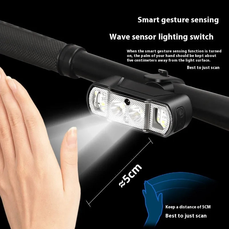 Black bicycle headlight with wave induction sensor and 350 lumen LED for cycling