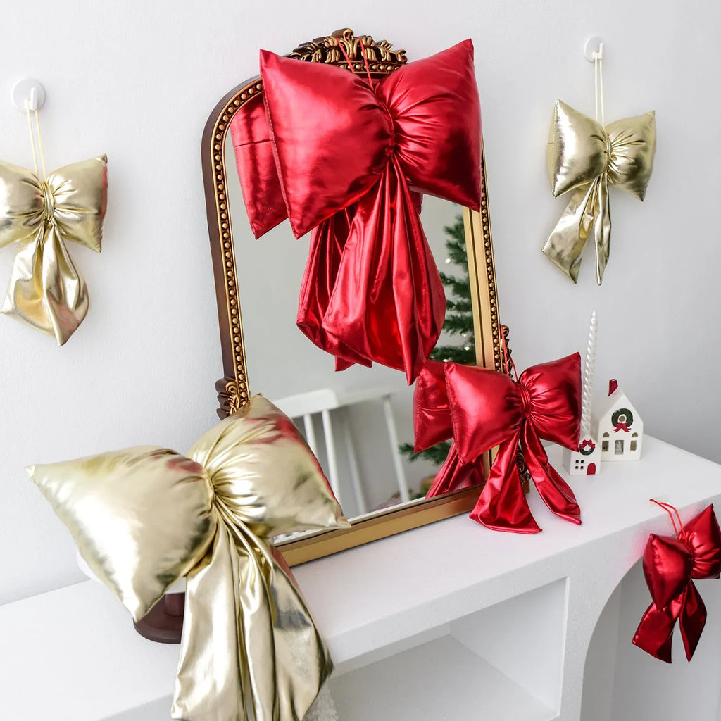 Christmas decorative bowknot hanging ornament in red bright leather finish 12cm size