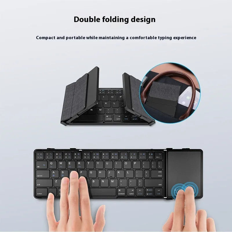 Black folding Bluetooth keyboard for mobile phones and tablets, shown both open and closed.