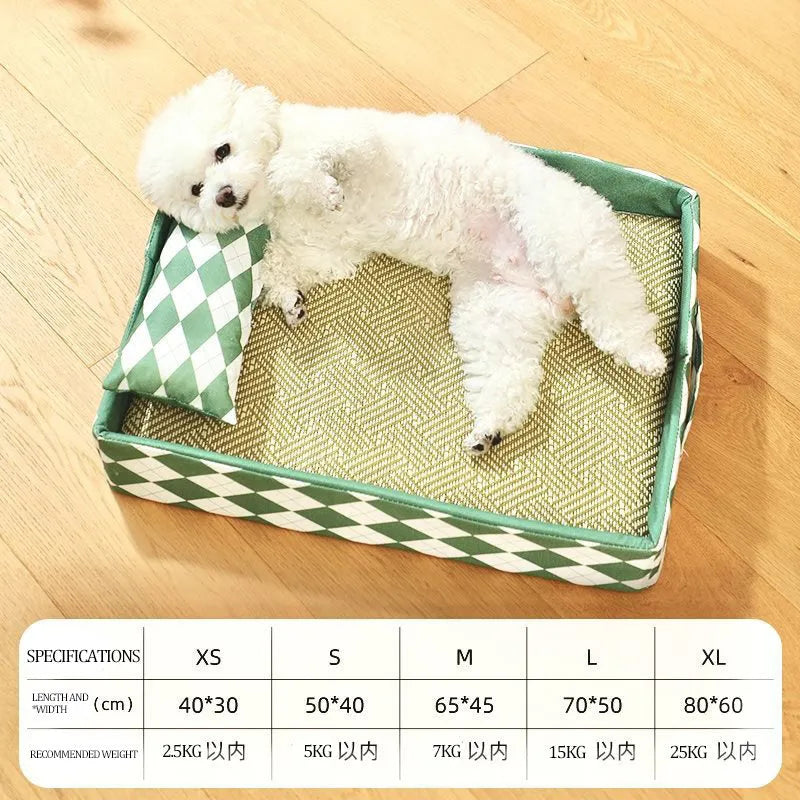 Blue rattan weave cat mat with non-slip base shown in size L, placed on a wooden floor.