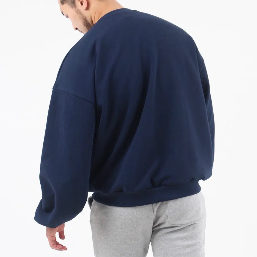 Men's heavy cotton loose fit pullover hoodie in round neck style, available in Black, Grey, Khaki, Navy Blue, sizes L to 3XL.