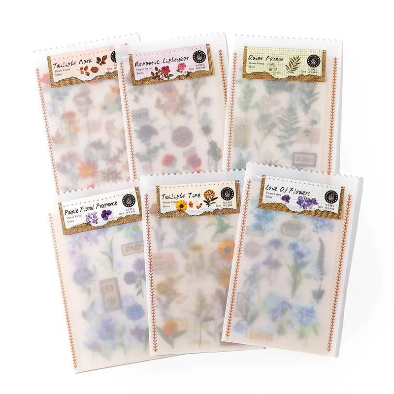 Huazhisen Series forest label transfer sticker pack showing six literary art designs on paper sheets