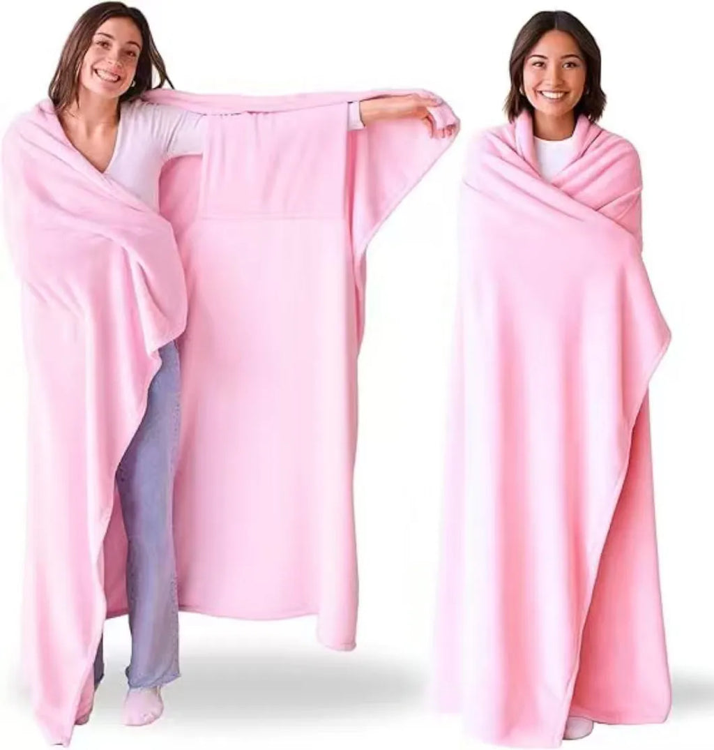 Light pink wearable blanket with sleeves for women, soft cosy throw for home daily use