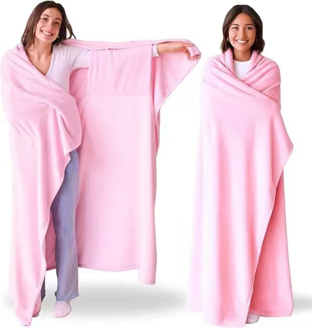 Light pink wearable blanket with sleeves for women, soft cosy throw for home daily use