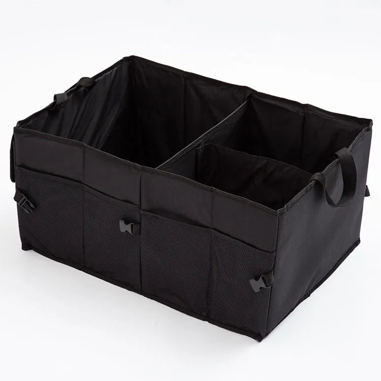 Folding Oxford cloth car storage box in black, collapsed and unfolded, showing its 56x40x26cm rectangular shape for boot organisation.