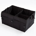 Folding Oxford cloth car storage box in black, collapsed and unfolded, showing its 56x40x26cm rectangular shape for boot organisation.