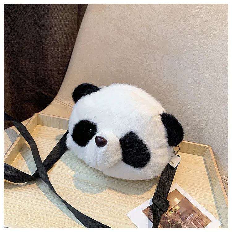 Cylindrical panda head design plush crossbody bag with sandwich pocket compartment