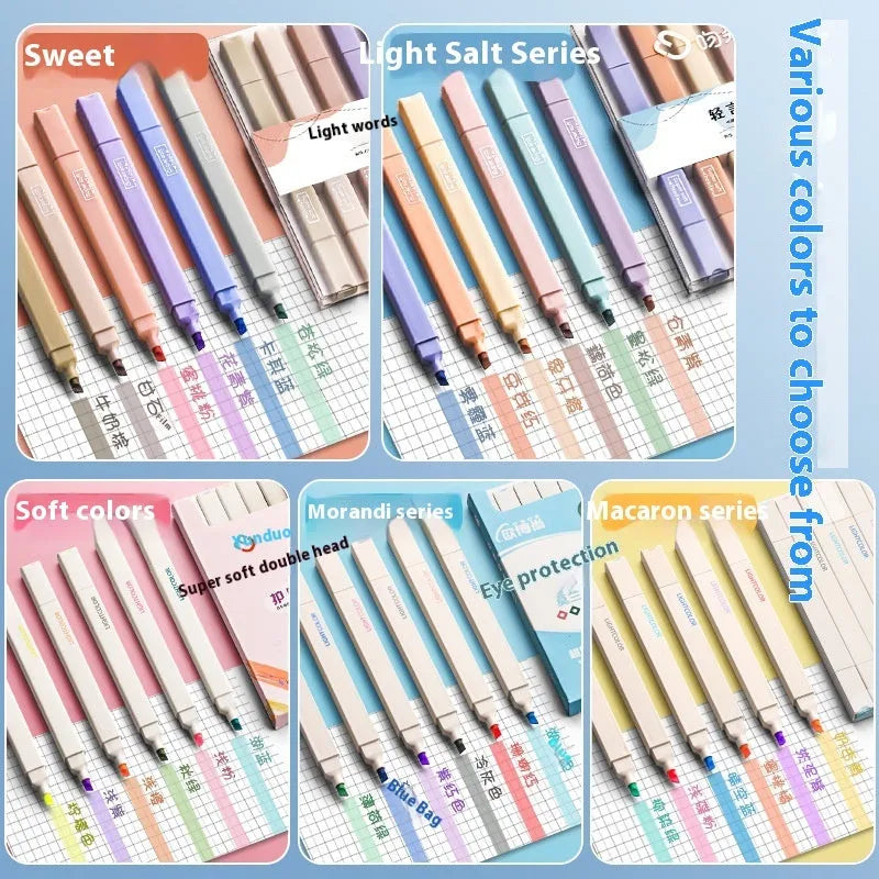 Set of double-ended fluorescent marker pens showing two coloured tips, in mixed and themed pack options.