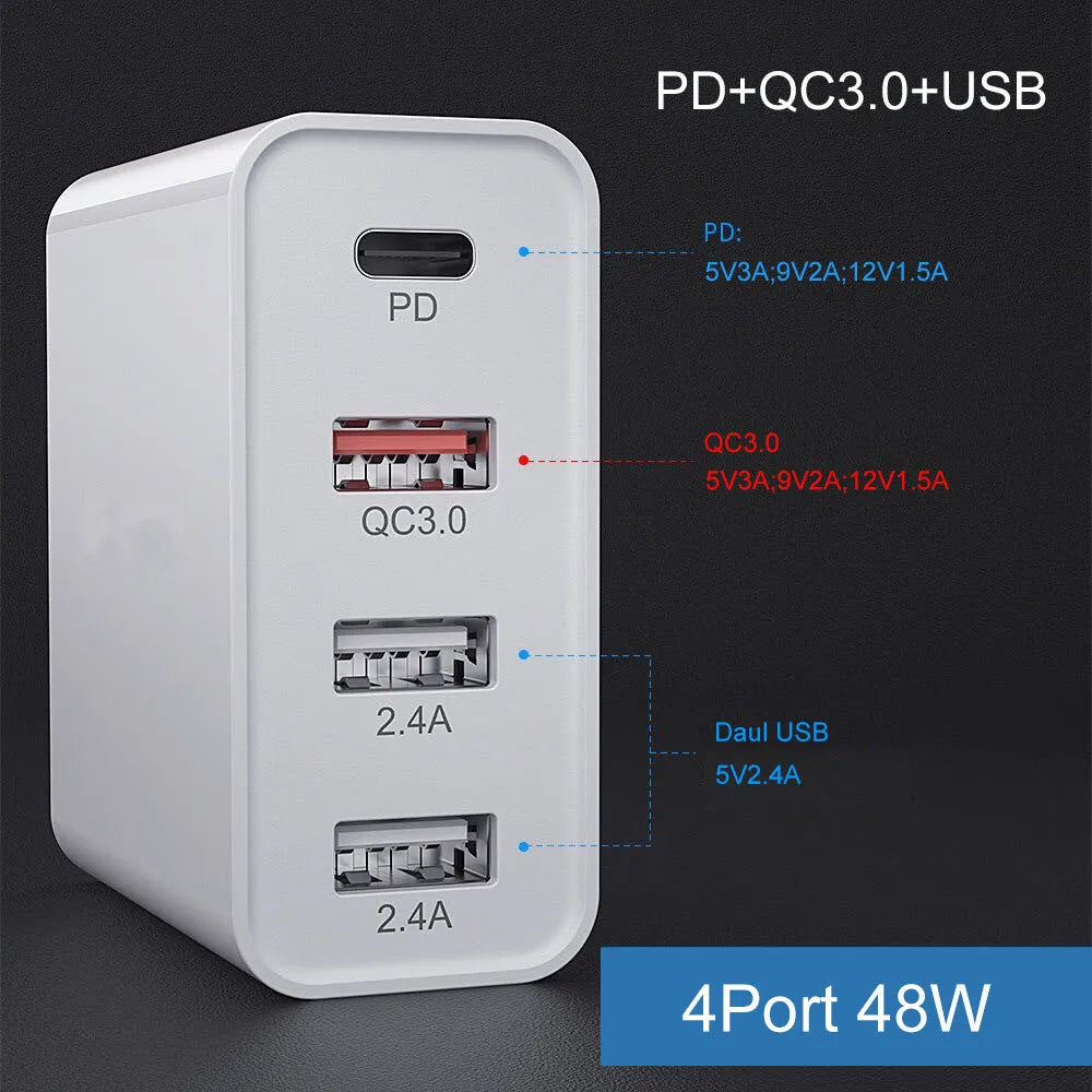 White multi-port fast charger with USB-C and USB-A ports plugged into a wall socket.